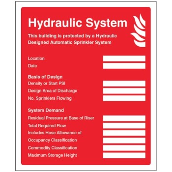 Hydraulic Sprinkler System ID Plate Sign